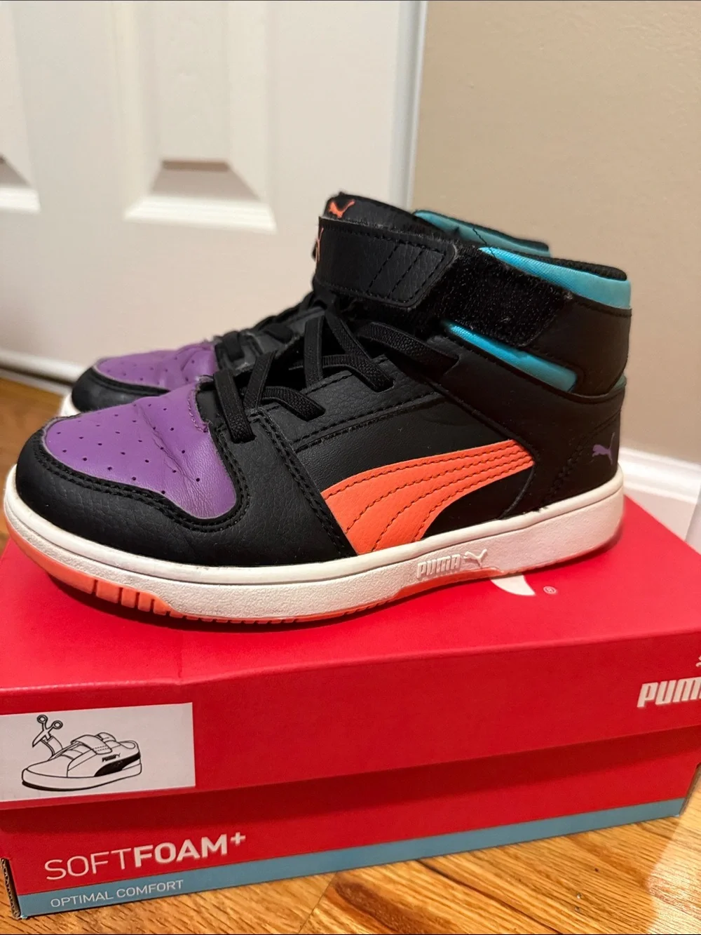 Puma Kids High-Top Sneakers in Black with Purple & Coral Accents